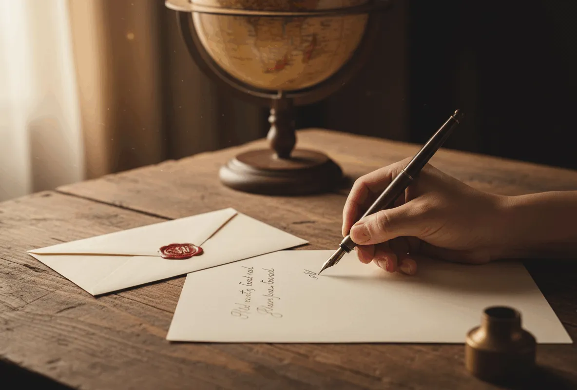 Iemand schrijft met een pen. Op de achtergrond staat een globe.