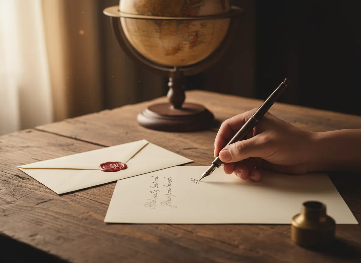 Iemand schrijft met een pen. Op de achtergrond staat een globe.